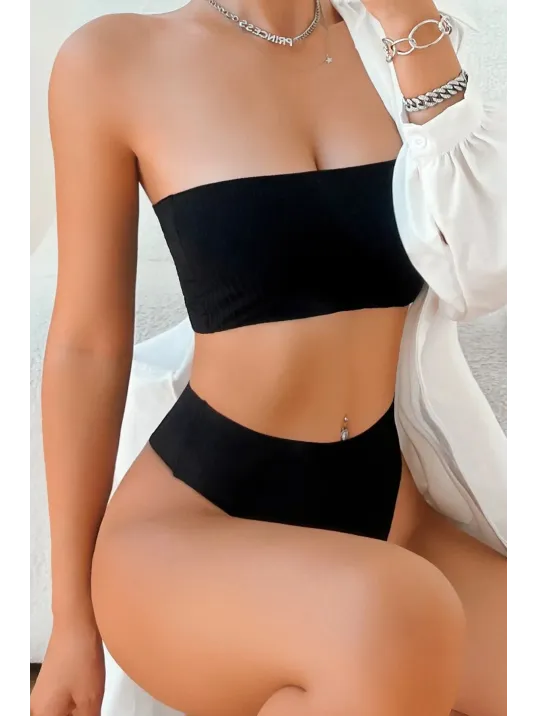Kadın Siyah Straplez Sütyen Ve Yüksek Bel Külot Takım – Modern, Konforlu Ve Günlük Kombinlere Uygun