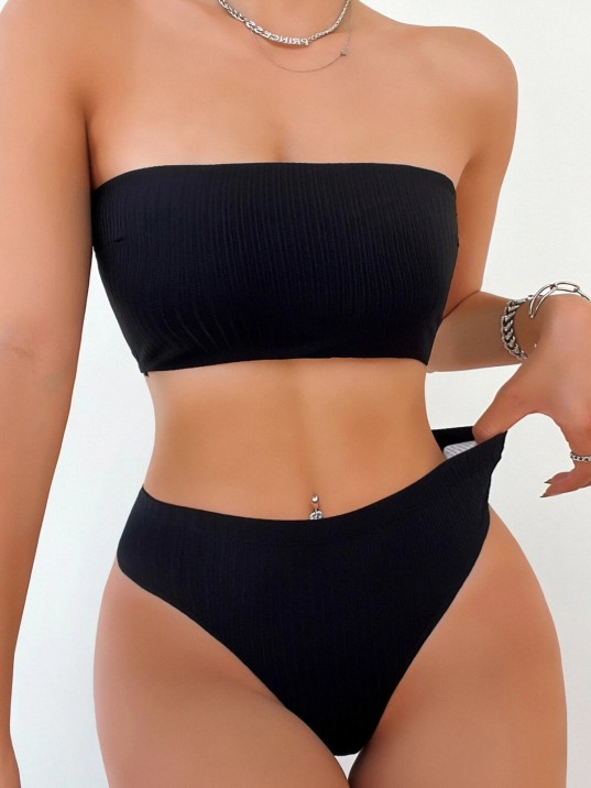 Kadın Siyah Straplez Sütyen Ve Yüksek Bel Külot Takım – Modern, Konforlu Ve Günlük Kombinlere Uygun