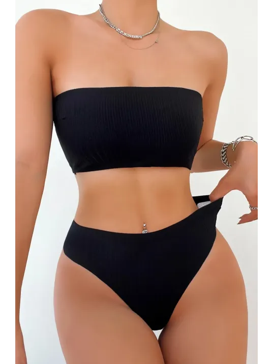 Kadın Siyah Straplez Sütyen Ve Yüksek Bel Külot Takım – Modern, Konforlu Ve Günlük Kombinlere Uygun
