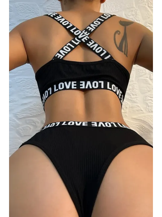 Kadın Siyah Çapraz Sırt Ve Love Yazı Detaylı Iç Çamaşır Takımı – Modern, Konforlu