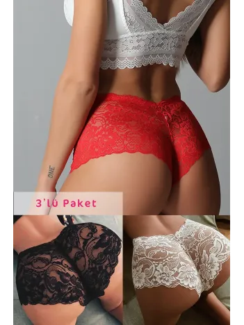 Kadın Siyah Beyaz Kırmızı 3'lü Paket Dantel Tanga Şort Külot – Modern Ve Şık Tasarım