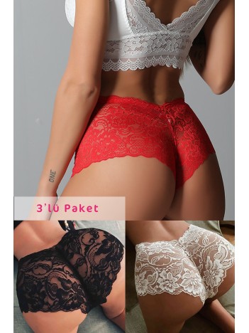 Kadın Siyah Beyaz Kırmızı 3'lü Paket Dantel Tanga Şort Külot – Modern Ve Şık Tasarım