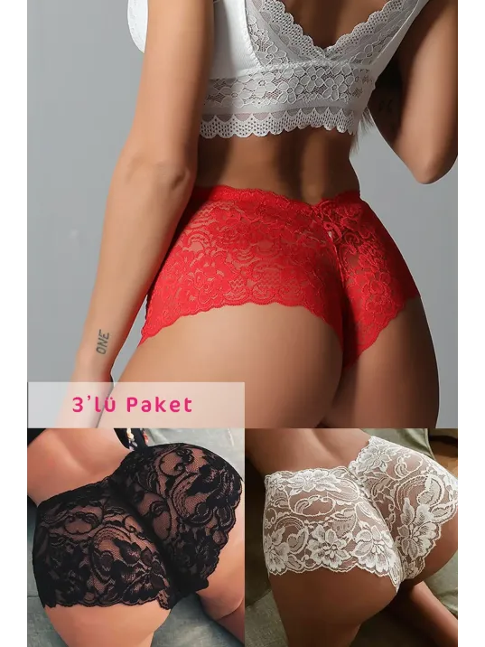 Kadın Siyah Beyaz Kırmızı 3'lü Paket Dantel Tanga Şort Külot – Modern Ve Şık Tasarım Kadın Siyah Beyaz Kırmızı 3'lü Paket Dantel Tanga Şort Külot – Modern Ve Şık Tasarım