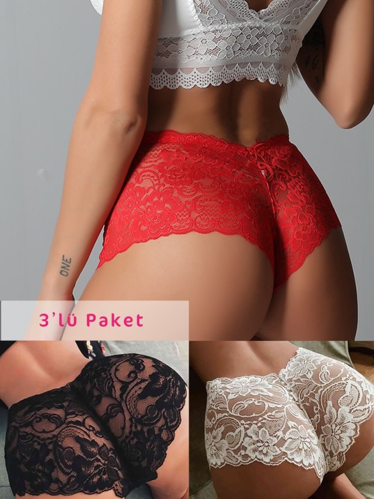 Kadın Siyah Beyaz Kırmızı 3'lü Paket Dantel Tanga Şort Külot – Modern Ve Şık Tasarım Kadın Siyah Beyaz Kırmızı 3'lü Paket Dantel Tanga Şort Külot – Modern Ve Şık Tasarım