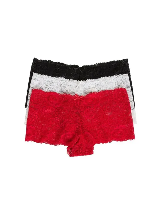 Kadın Siyah Beyaz Kırmızı 3'lü Paket Dantel Tanga Şort Külot – Modern Ve Şık Tasarım