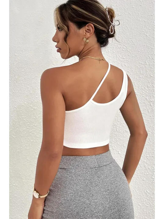 Kadın Beyaz Tek Omuzlu Çapraz Askılı Crop Top Büstiyer