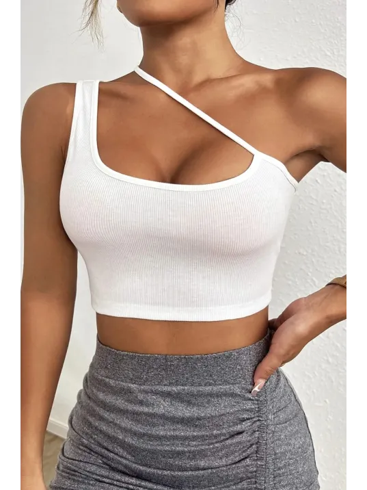 Kadın Beyaz Tek Omuzlu Çapraz Askılı Crop Top Büstiyer