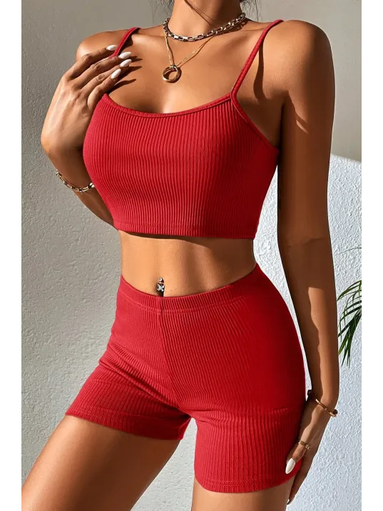 Kadın Kırmızı Şortlu Kaşkorse Gecelik Takım – Modern, Konforlu Ve Günlük Kombinlere Uygun