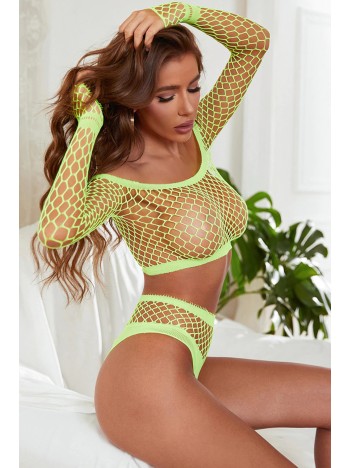 Kadın Yeşil Geniş Fileli Uzun Kollu Fantezi Vücut Çorabı Takımı – Modern, Konforlu Ve Günlük Kombinlere Uygun