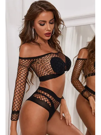 Kadın Siyah Geniş Fileli Uzun Kollu Fantezi Vücut Çorabı Takımı