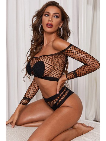 Kadın Siyah Geniş Fileli Uzun Kollu Fantezi Vücut Çorabı Takımı