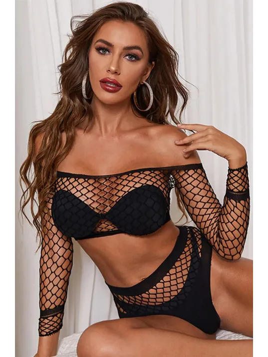 Kadın Siyah Geniş Fileli Uzun Kollu Fantezi Vücut Çorabı Takımı