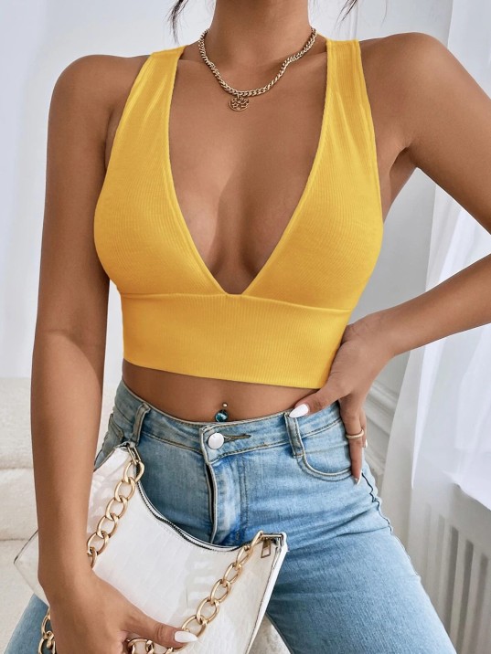 Kadın Sarı Çapraz Sırt Detaylı Şık Crop Top Büstiyer – Modern ve Şık Tasarım