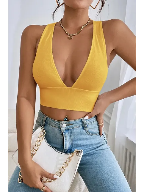 Kadın Sarı Çapraz Sırt Detaylı Şık Crop Top Büstiyer – Modern Ve Şık Tasarım