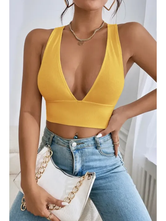 Kadın Sarı Çapraz Sırt Detaylı Şık Crop Top Büstiyer – Modern Ve Şık Tasarım