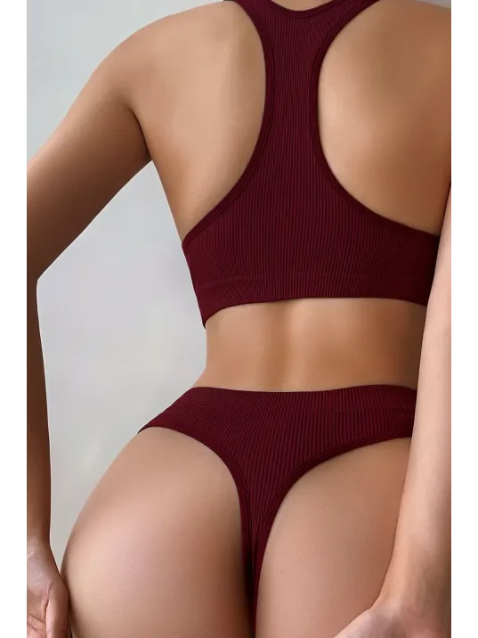 Kadın Bordo Desteksiz Seamless Tangalı   İç Çamaşır  Takımı