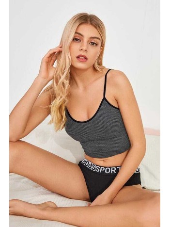 Kadın Anstrasit Gri İp Askılı Crop Top Bluz