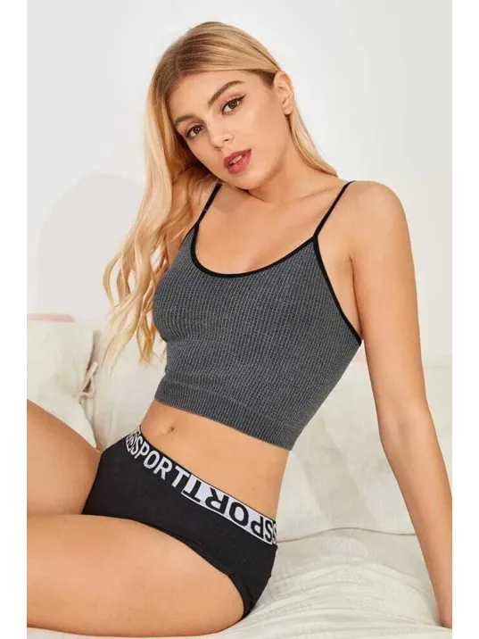 Kadın Anstrasit Gri İp Askılı Crop Top Bluz