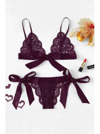 Kadın Mor Kurdelalı Ve Dantelli Sütyen Külot Takımı – Modern, Konforlu Ve Günlük Kombinlere Uygun