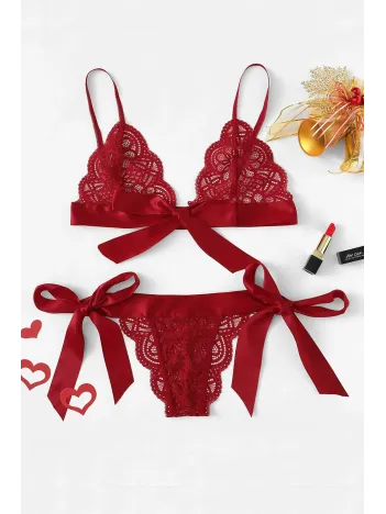 Kadın Bordo Kurdelalı Ve Dantelli Sütyen Külot Takımı – Modern, Konforlu Ve Günlük Kombinlere Uygun