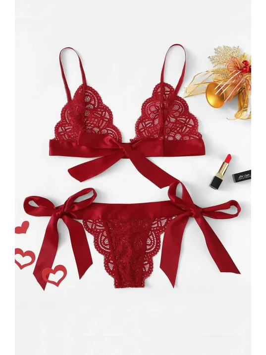 Kadın Bordo Kurdelalı Ve Dantelli Sütyen Külot Takımı – Modern, Konforlu Ve Günlük Kombinlere Uygun