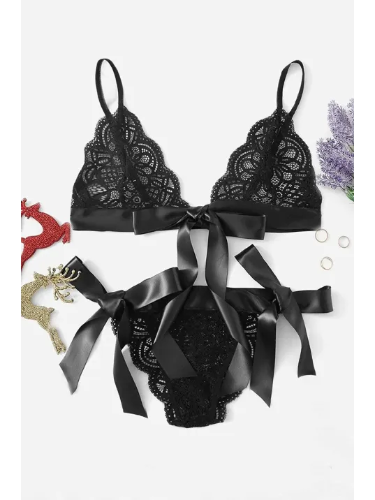 Kadın Siyah Kurdelalı Ve Dantelli Sütyen Külot Takımı – Modern, Konforlu Ve Günlük Kombinlere Uygun