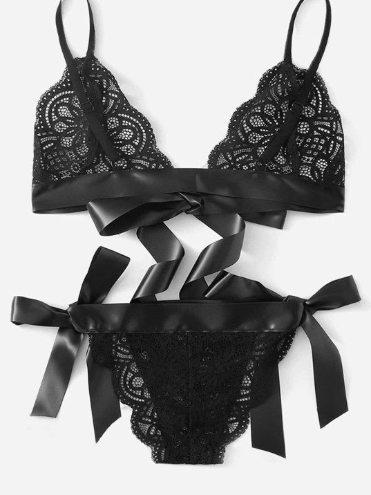 Kadın Siyah Kurdelalı Ve Dantelli Sütyen Külot Takımı – Modern, Konforlu Ve Günlük Kombinlere Uygun