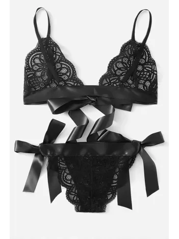 Kadın Siyah Kurdelalı Ve Dantelli Sütyen Külot Takımı – Modern, Konforlu Ve Günlük Kombinlere Uygun