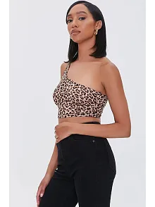 Kadın Leopar Desenli Tek Omuz Crop Büstiyer