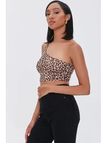 Kadın Leopar Desenli Tek Omuz Crop Büstiyer
