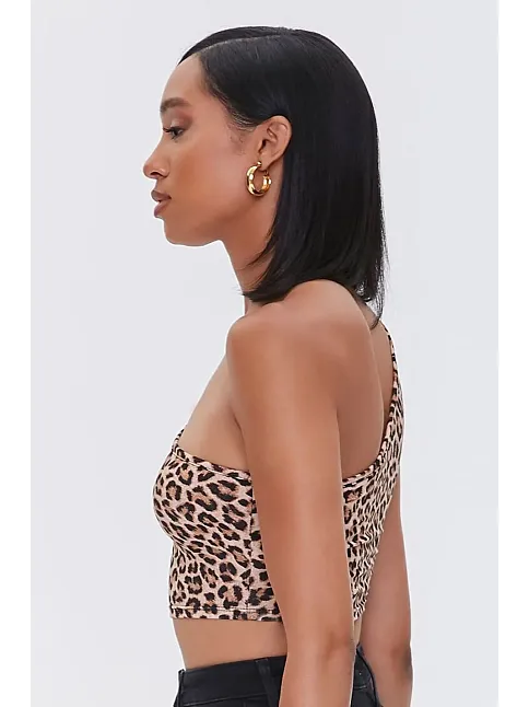 Kadın Leopar Desenli Tek Omuz Crop Büstiyer