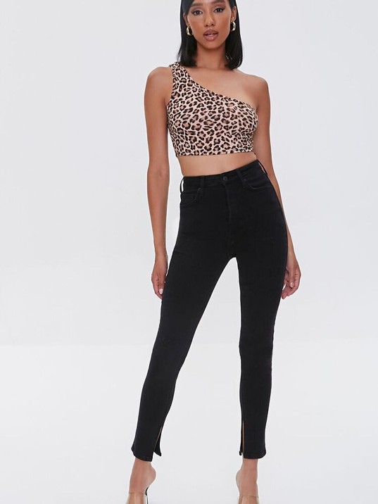 Kadın Leopar Desenli Tek Omuz Crop Büstiyer