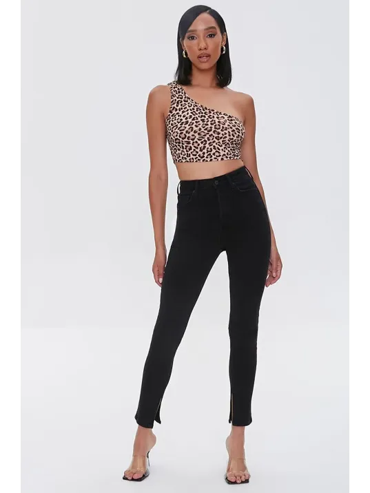 Kadın Leopar Desenli Tek Omuz Crop Büstiyer