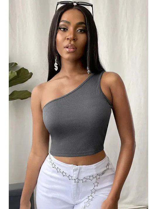 Kadın Koyu Gri Tek Omuz Crop Büstiyer – Modern Ve Şık Tasarım Kadın Koyu Gri Tek Omuz Crop Büstiyer – Modern Ve Şık Tasarım