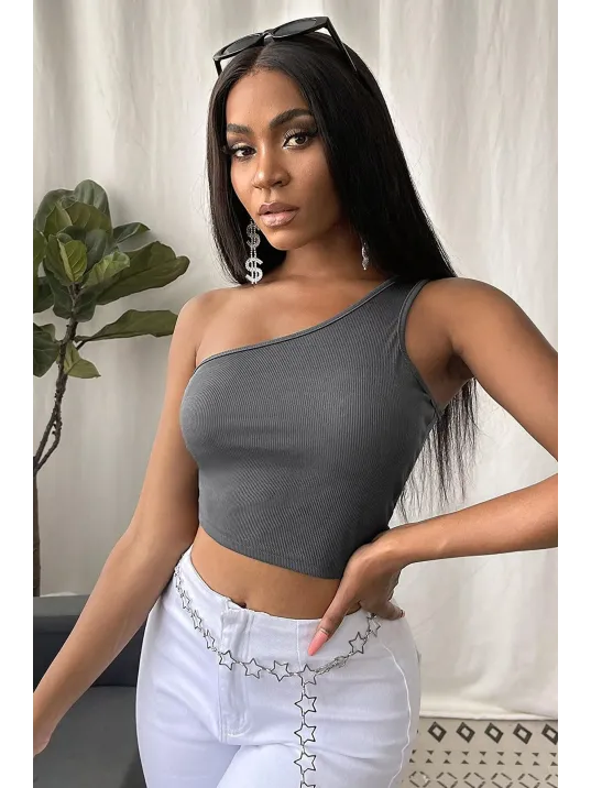 Kadın Koyu Gri Tek Omuz Crop Büstiyer – Modern Ve Şık Tasarım