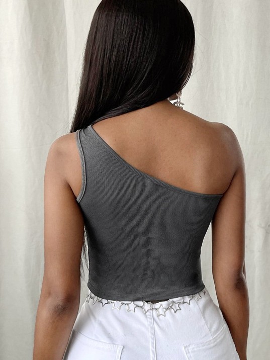 Kadın Koyu Gri Tek Omuz Crop Büstiyer – Modern ve Şık Tasarım