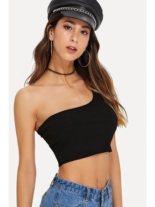 Kadın Siyah Tek Omuz Crop Büstiyer – Modern Ve Şık Tasarım
