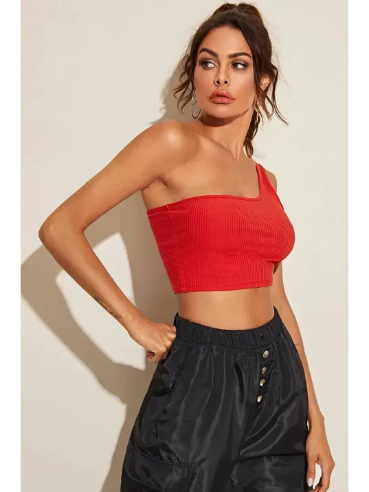 Kadın Kırmızı Tek Omuz Crop Büstiyer – Modern Ve Şık Tasarım