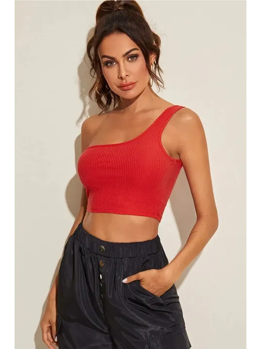 Kadın Kırmızı Tek Omuz Crop Büstiyer – Modern Ve Şık Tasarım