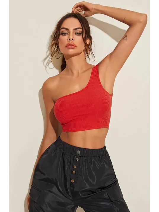Kadın Kırmızı Tek Omuz Crop Büstiyer – Modern Ve Şık Tasarım