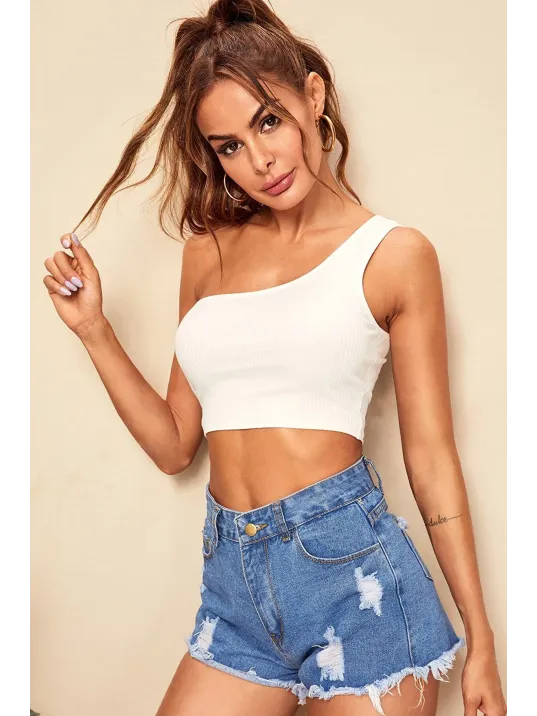 Kadın Beyaz Tek Omuz Crop Büstiyer – Modern Ve Şık Tasarım