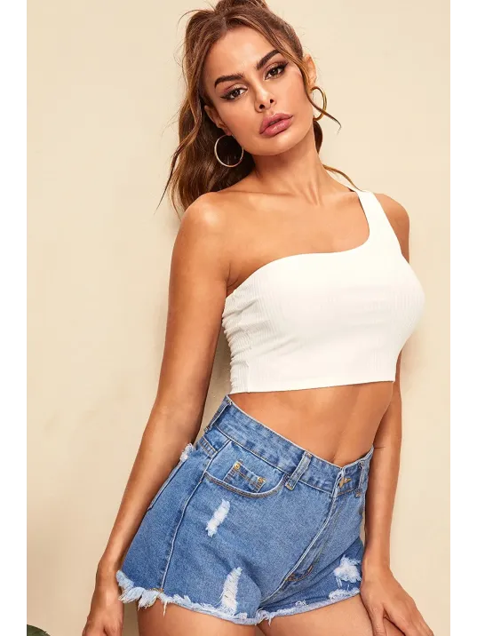 Kadın Beyaz Tek Omuz Crop Büstiyer – Modern Ve Şık Tasarım