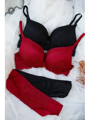 Kadın Siyah Ve Kırmızı Dolgulu Balenli Sütyen Külot 2'li Paket – Modern Ve Şık Tasarım