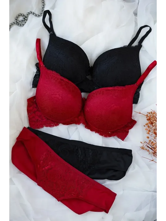Kadın Siyah Ve Kırmızı Dolgulu Balenli Sütyen Külot 2'li Paket – Modern Ve Şık Tasarım