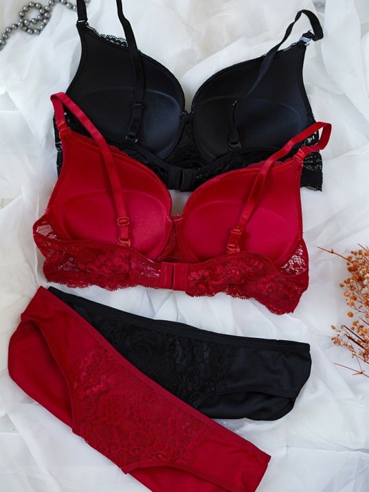 Kadın Siyah Ve Kırmızı Dolgulu Balenli Sütyen Külot 2'li Paket – Modern Ve Şık Tasarım