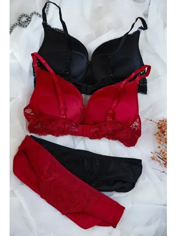 Kadın Siyah Ve Kırmızı Dolgulu Balenli Sütyen Külot 2'li Paket – Modern Ve Şık Tasarım
