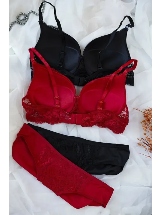 Kadın Siyah Ve Kırmızı Dolgulu Balenli Sütyen Külot 2'li Paket – Modern Ve Şık Tasarım