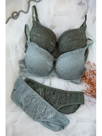 Kadın Haki Ve Su Yeşili Dolgulu Balenli Sütyen Külot 2'li Paket – Modern Ve Şık Tasarım