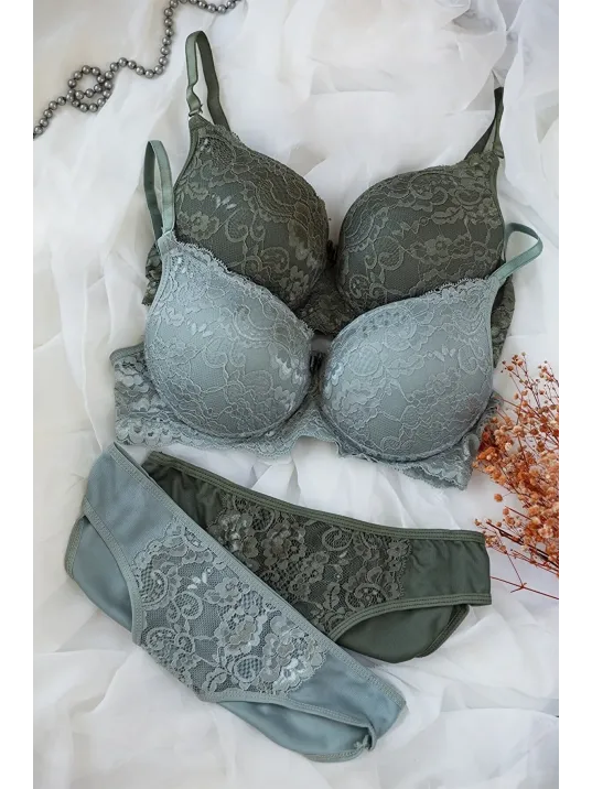 Kadın Haki Ve Su Yeşili Dolgulu Balenli Sütyen Külot 2'li Paket – Modern Ve Şık Tasarım