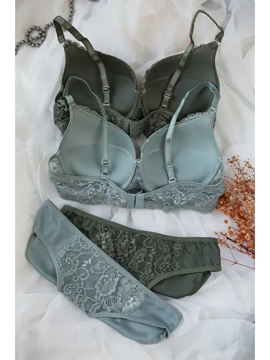 Kadın Haki Ve Su Yeşili Dolgulu Balenli Sütyen Külot 2'li Paket – Modern Ve Şık Tasarım